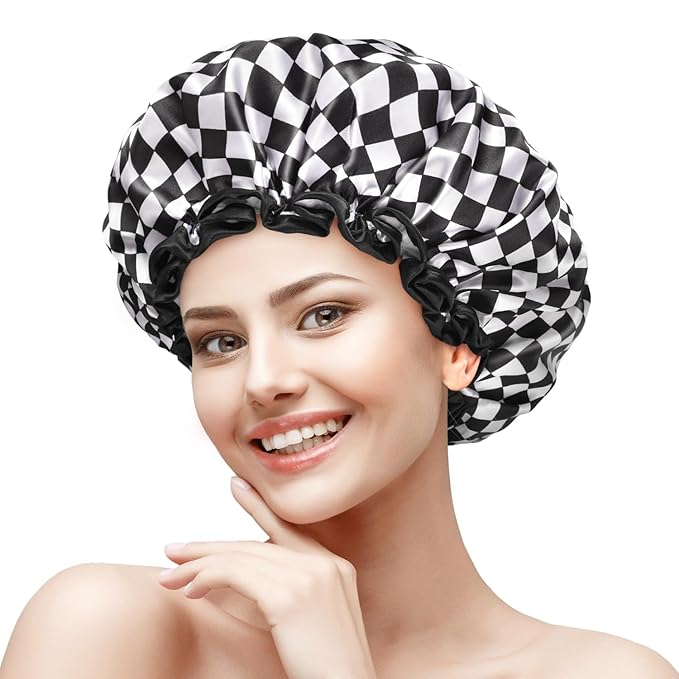 mikimini Shower Cap for Women, Reusable, Double Layers Waterproof Bathing Shower Hat with Soft Comfortable PEVA Lining, Non-fading, Stretchy & Shower Cap for Long Hair Medium Pack of 2, Checkered