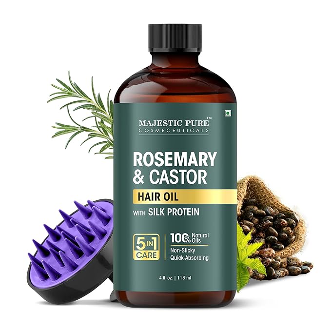 Majestic Pure 100% Pure Rosemary Oil For Hair Growth with Scalp Massager - Strengthening, Nourishing, Volumizing - Infused with Silk Protein & Castor Oil - Non GMO Verified - 4 Fl Oz