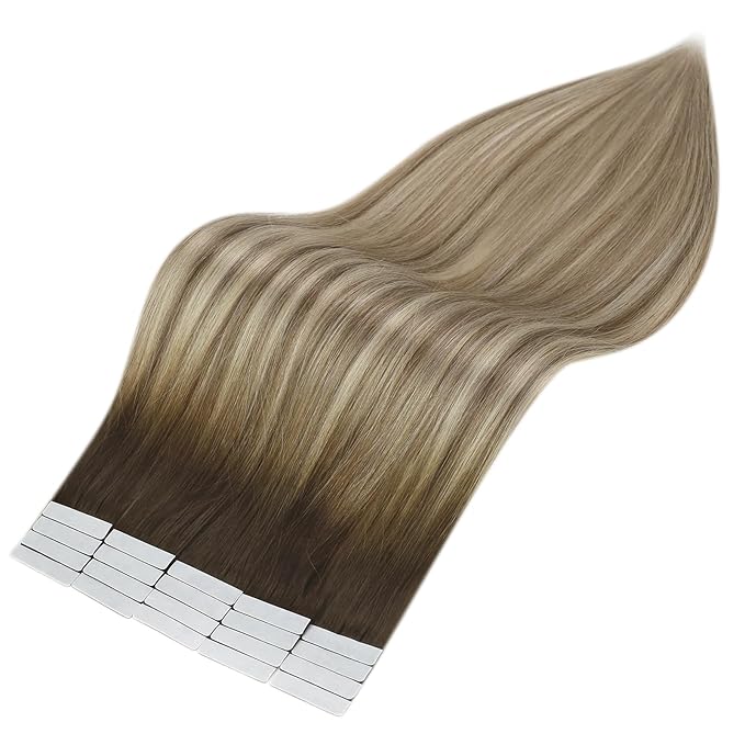 Full Shine Balayage Tape in Hair Extensions Human Hair Color Dark Brown to Ash Brown and Blonde 3/8/22 Tape in Extension Glue 18 INCH Add Length 40PCS 100G for Daily Wear
