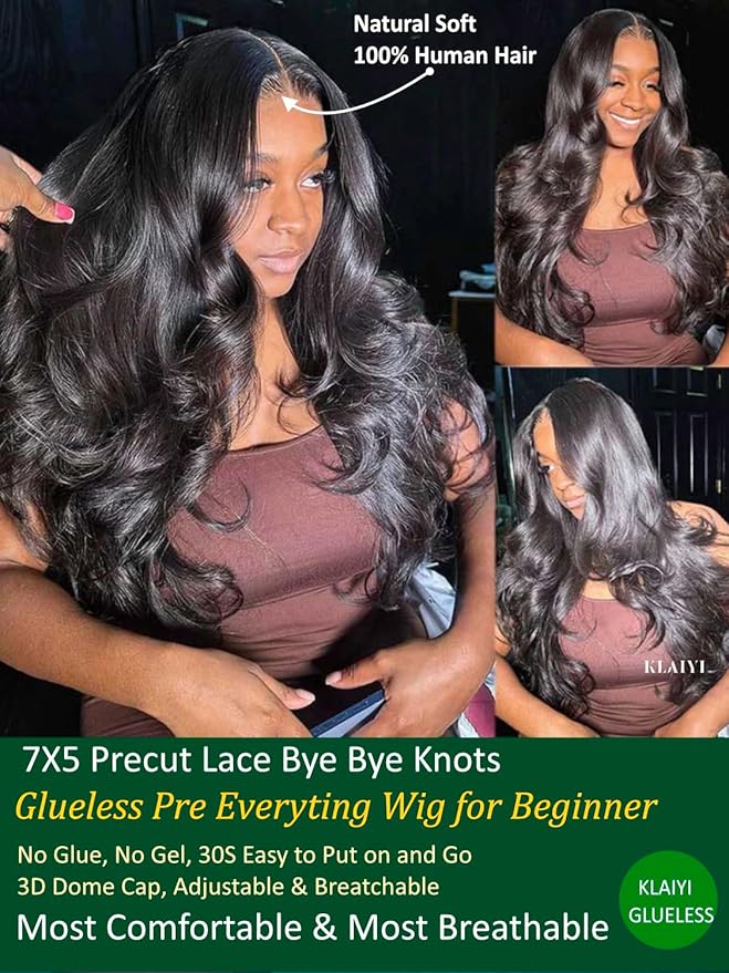 KLAIYI Body Wave Bye Bye Knots Glueless Wig 7x5 Pre Cut Lace Front Wigs Human Hair Wear and Go Wigs for Beginners Pre Bleached Pre Plucked Pre Everything 3S Easy to Ready to Wear Loose Wave Wig 28Inch
