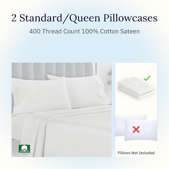 California Design Den Standard Queen Size Pillowcase Set - 400 Thread Count, 100% Cotton Sateen, Set of 2 Pillow Covers, Soft and Breathable - Ivory (Pale Tone)