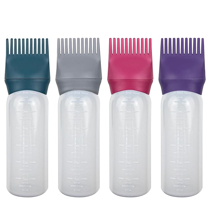 ELANE 4 Pack Root Comb Applicator Bottle,Oil Comb Applicator for Hair Dye,Salons (Purple+Grey+Red+Green)