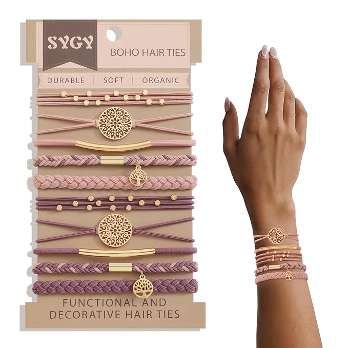 10 PCS Boho Hair Ties - No-Damage, Stretch Bracelets for Thick & Thin Hair, 5 Styles, Pink