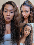 Julia Hair Golden Brown Highlight Water Wave and Jerry Curly Wig Mixed Curls 13X4 Lace Front Pre Everything Wigs Glueless Human Hair Lace Frontal with Invisi Drawstring Ready to Go 22 Inch