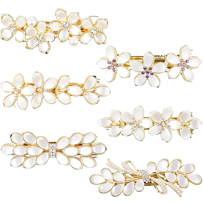 Geyoga 6 Pieces Vintage Hair Barrettes for Women Retro Flower French Pearl Crystal Rhinestones Clips Hair Pins for Women Styling Accessories(Flower Style)