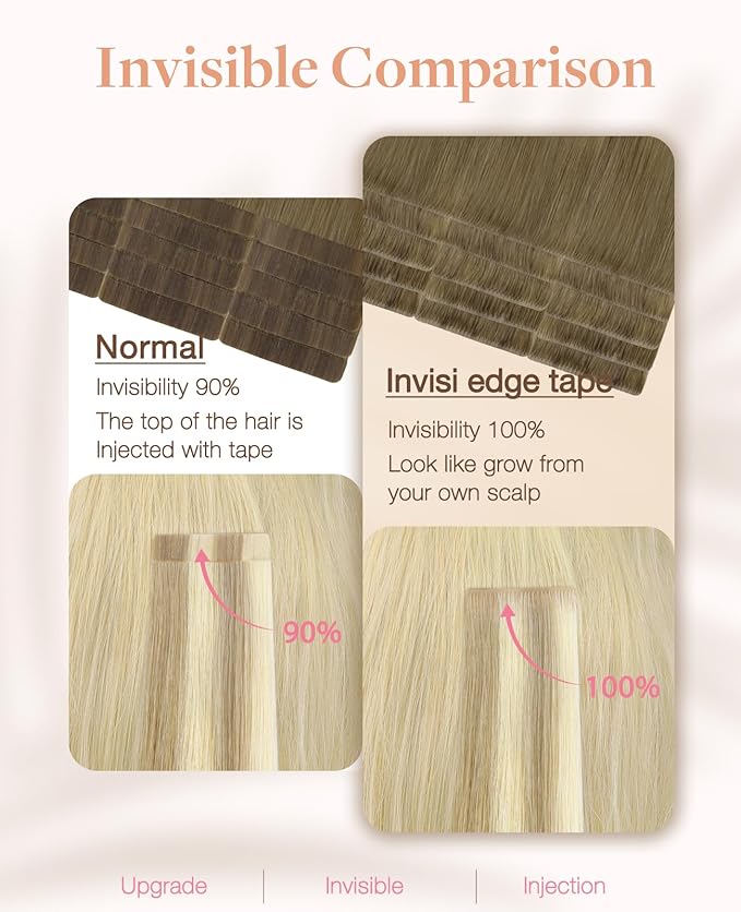 GOO GOO Invisi Edge Tape in Hair Extensions Human Hair, 9/60 Balayage Ash Brown to Platinum Blonde 10pcs injected with 10pcs classical tape ins, 14inch 50g, Virgin Remy Hair, Natural Look