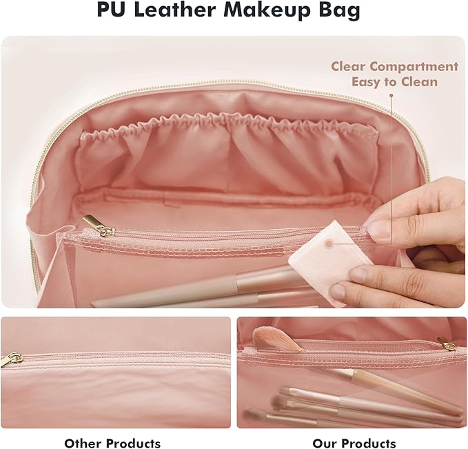 Prite Makeup Bag for Women Travel Waterproof Vegan Leather Cosmetic Bag Open Flat Toiletry Bag With Clear Divider and Handle (Large Pink)