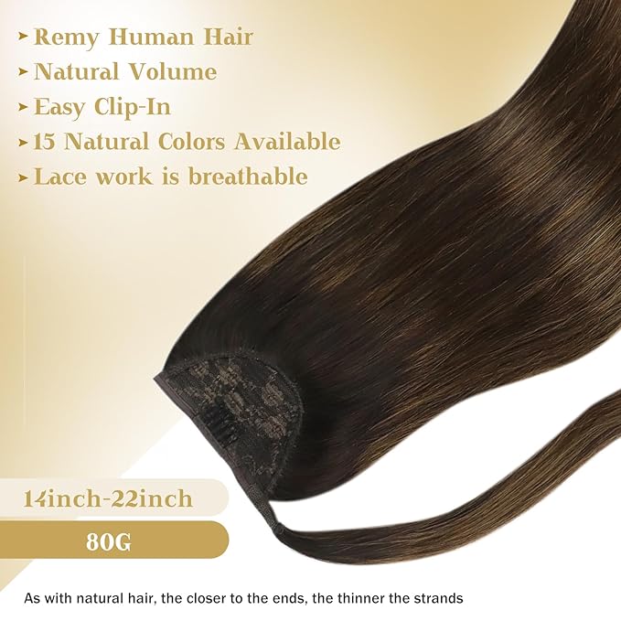 Ve Sunny Hair Extensions Ponytail Real Human Hair Wrap Around Clip in Ponytail Hair Extensions Straight Extensions Human Hair for Women Dark Brown Balayage Chestnut Brown 16inch 80G