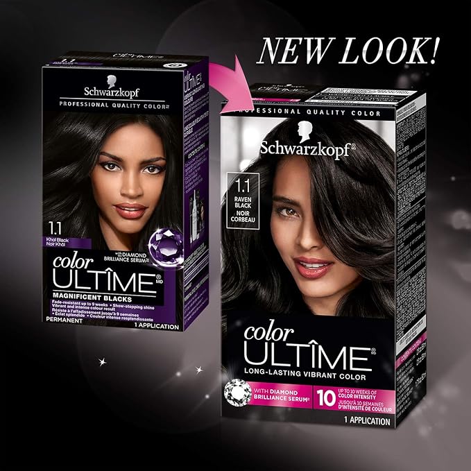 Schwarzkopf Color Ultime 1.1 Raven Black Hair Dye, Permanent Intense Black with Diamond Brilliance, Fade-Resistant, Covers Grays, All Hair Textures