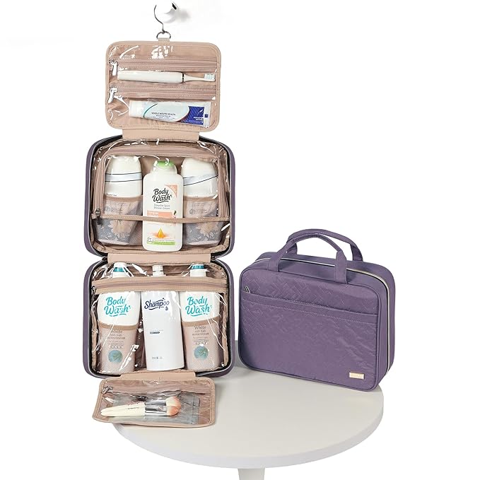NISHEL Travel Toiletry Bag for women, Portable Hanging Organizer for Family-Sized Shampoo, Conditioner, Brushes Set, Makeup Accessories, Extra Large Size, Purple