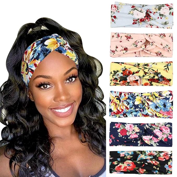 DRESHOW 6 Pack Boho Cotton Non-Slip Headbands for Women Girls Yoga Workout Running Knotted Turban Floral Elastic Head Wrap