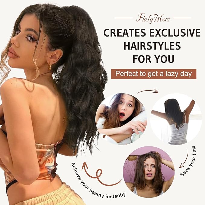 FLUFYMOOZ Wavy Curly Claw Clip Ponytail - Natural Synthetic Hairpiece, 18 Inch (Dark Chocolate Brown)