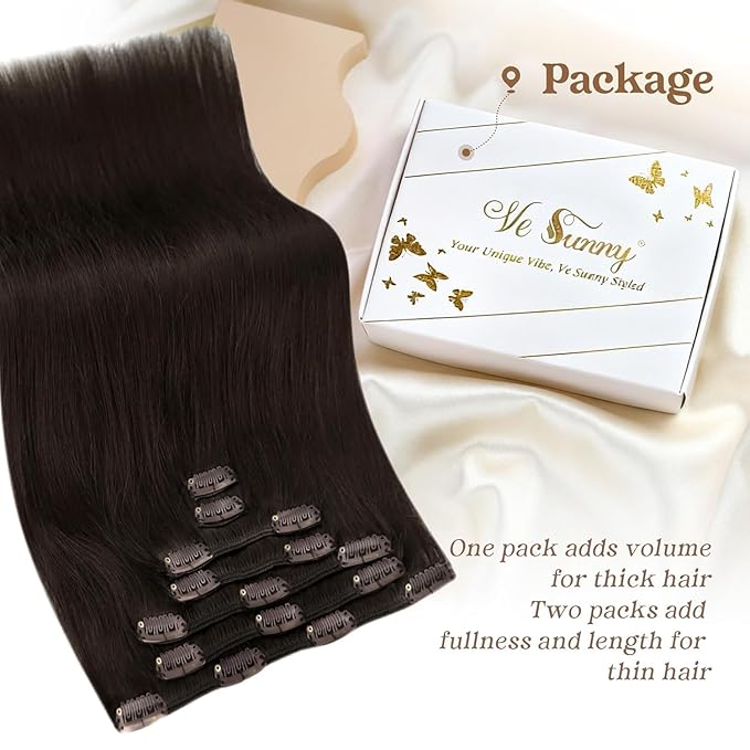 Ve Sunny Real Hair Extensions Clip in Human Hair Dark Brown Remy Hair Extensions for Women Human Hair Clip in Extensions Brazilian Hair Straight 20inch 120g 7pcs