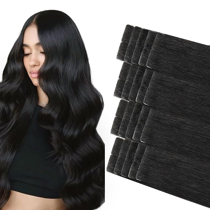 COOKAYU Invisible Tape in Extensions Human Hair, Natural Black Seamless Injected Tape Ins Remy Hair 22Inch 50g 20pcs Straight Invisi Edge Extensions Silky Smooth