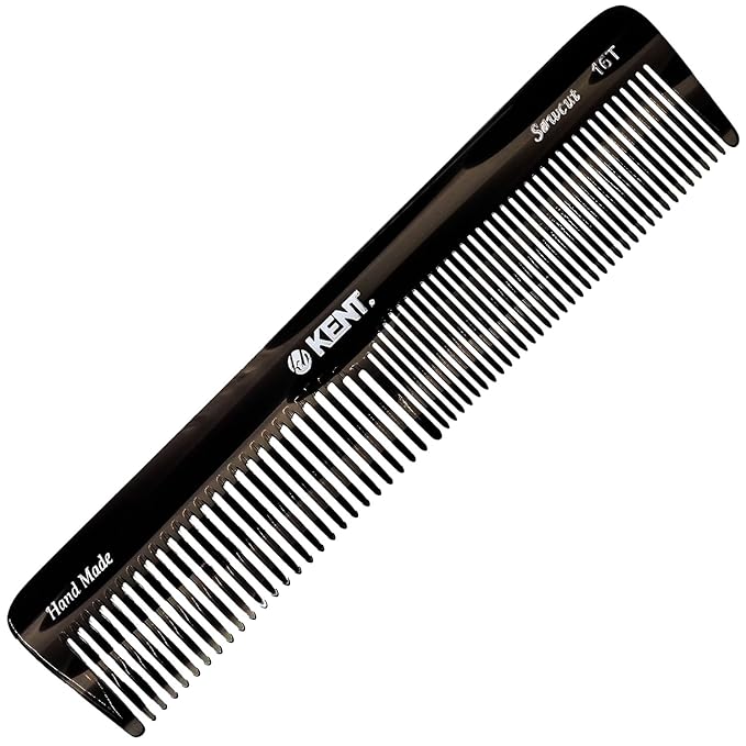 Kent 16T Black Graphite Fine and Wide Tooth for Daily Grooming, Handmade Styling Comb for All Hair Types, Wet or Dry Hair Detangling Comb for Men and Women, Saw Cut Hand Polished, Made in England