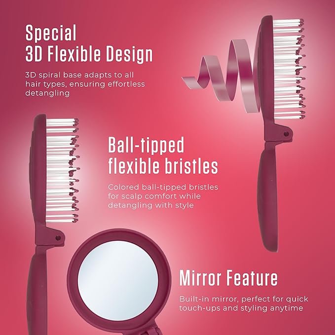 Mini Detangler Travel Hair Brush with Mirror, Makaron Hair Brushes for Women, Men and Kids, Unique 3D Flexible Design for All Hair Types, Styling Accessory, Travel Essentials for Women (DARK DAMSON)