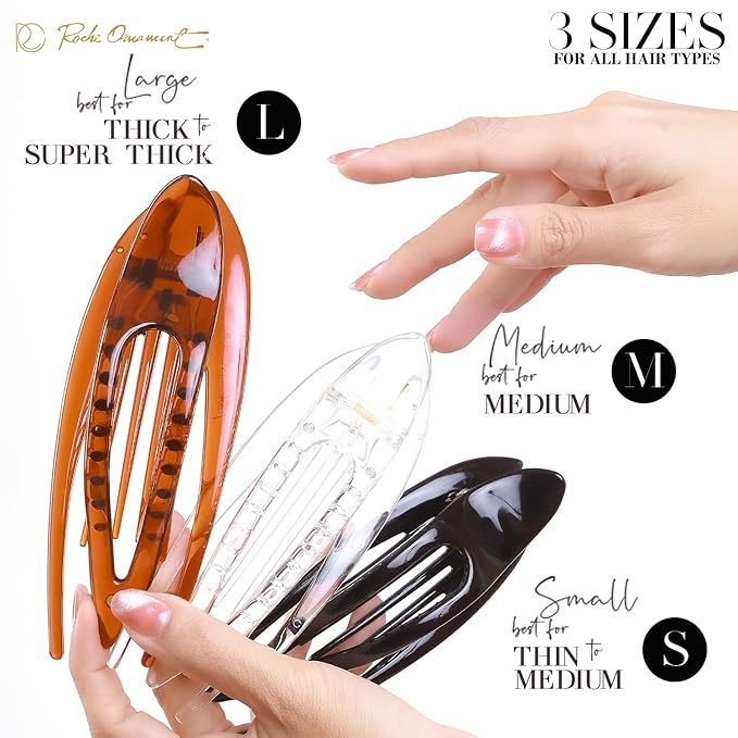 RC ROCHE 6 Pcs Flat Hair Clips Big Claw for Thick Hair French Duckbill Women No Slip Side Slide Curved Alligator Concord Strong Grip Hold Volume Lay Down Clamp, Medium Transparent