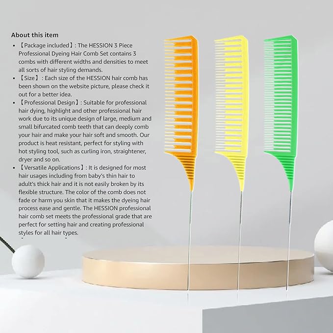 SKYPIA Hair Comb Set, 3 Piece Professional Dyeing Hair Comb Set Highlight Combs for Hair Stylist Weaving Styling Brush Set with Long Stainless Steel Rat Tail Stylist Combs for Hair (Yellow & Green)