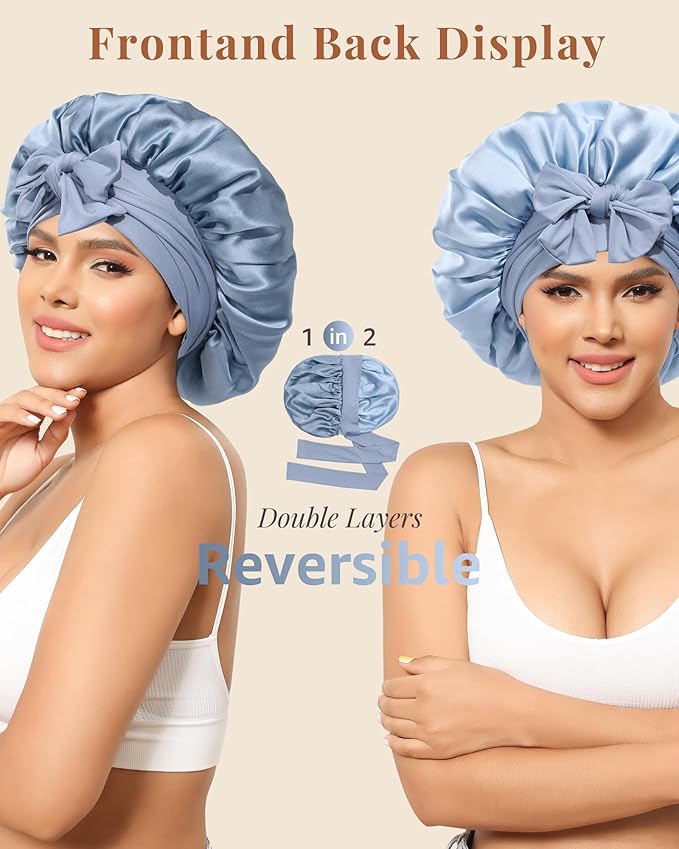 AWAYTR Silk Bonnet for Sleeping Women 100% Mulberry Silk Bonnet with Band 2 Layer Reversible Hair Bonnet Sleeping Hair Wrap (Silk, Haze blue/Sky blue)