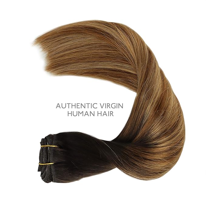 WENNALIFE Clip in Hair Extensions, 150g 14 Inch 9pcs Highlight Dark Brown to Chestnut Brown and Dirty Blonde Human Hair Extensions Thicker Clip in Hair Extensions Real Human Hair Clip Set Double Weft