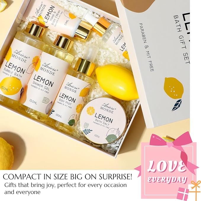Lemon Scent Bath Spa Gift Box Set for Women - Shower Gel, Bubble Bath, Body Cream, Soap, Salt, Essential Oil