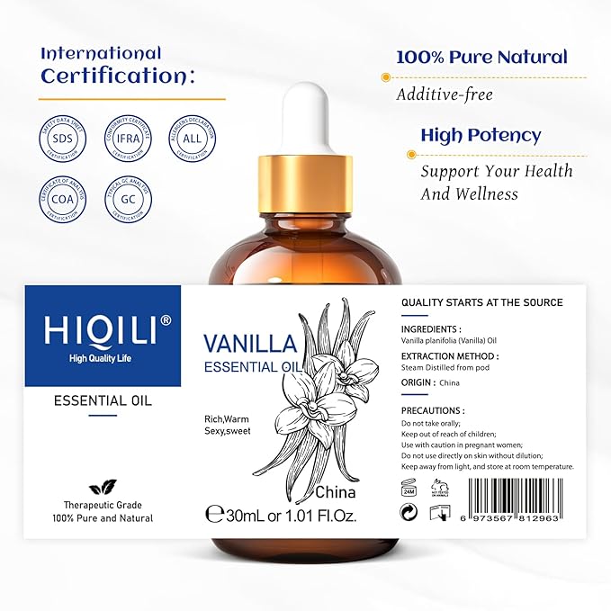HIQILI 1 Fl Oz Vanilla Essential Oil, Undiluted Natural Strong Fragrance Add in Skin Perfume, Unscented Lotion, Candle Soap Making Scent, Relax at Home with Diffuse Warm Sweet Aroma