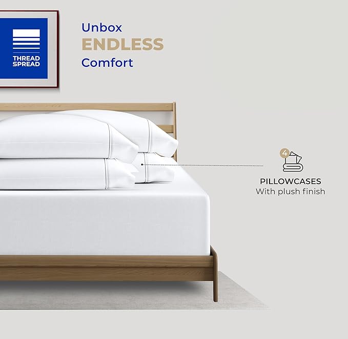THREAD SPREAD 100% Cotton Pillowcases Standard/Queen Size Set of 4-400 Thread Count Cotton Pillowcases, Ultra Soft Cool Sateen Weave Pillow Cases for Sleeping, Set of 4 Pillow Covers (White)