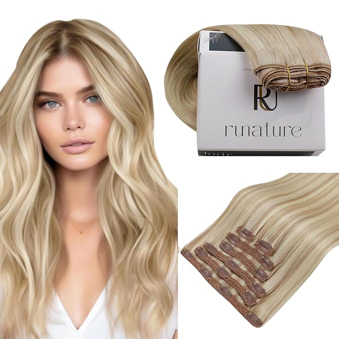 RUNATURE Human Hair Clip in Extensions, 24 Inch Clip in Hair Extensions Real Human Hair, Double Weft Full Head Straight Remy Hair 135g 7pcs #18P60 Ash Blonde Highlight Platinum Blonde