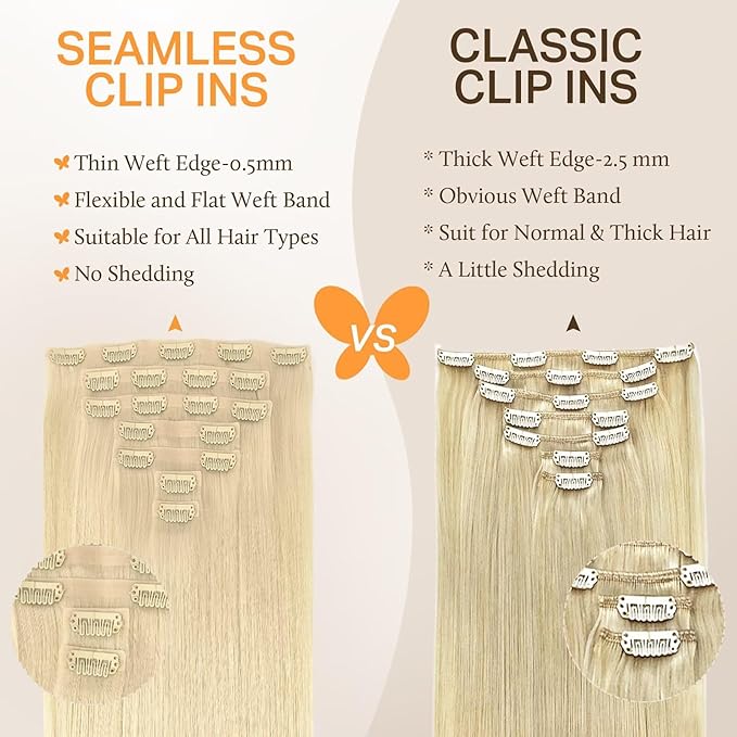 DOORES Real Human Hair Extensions, Bleach Blonde 130g 9pcs 14 Inch Seamless Clip-ins, Remy Invisi Edge Thick Straight Hair