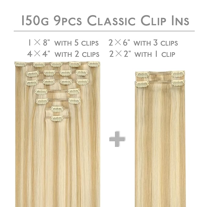 WENNALIFE Clip in Hair Extensions, 150g 22 Inch 9pcs Light Blonde Highlighted Golden Blonde Remy Hair Thicker Double Weft Extensiones De Cabello Humano Con Clip Ins Straight Full Volume