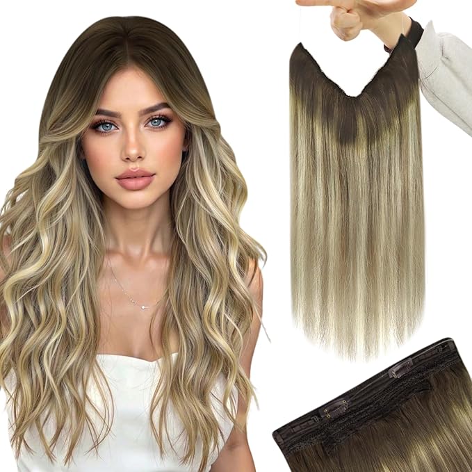 YoungSee Wire Human Hair Extensions Brown Blonde Invisible Wire Hair Extensions Real Human Hair Walnut Brown Ombre Blonde Highlight Remy Human Hair Fish Line Extensions 14Inch 80G