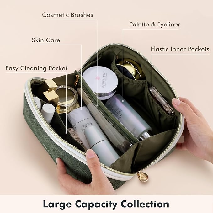 Prite Travel Cosmetic Bag Makeup Organizer Bag For Women Large Capacity Waterproof PU Leather Toiletry Bag with Handle and Clear Divider(Green Flower)