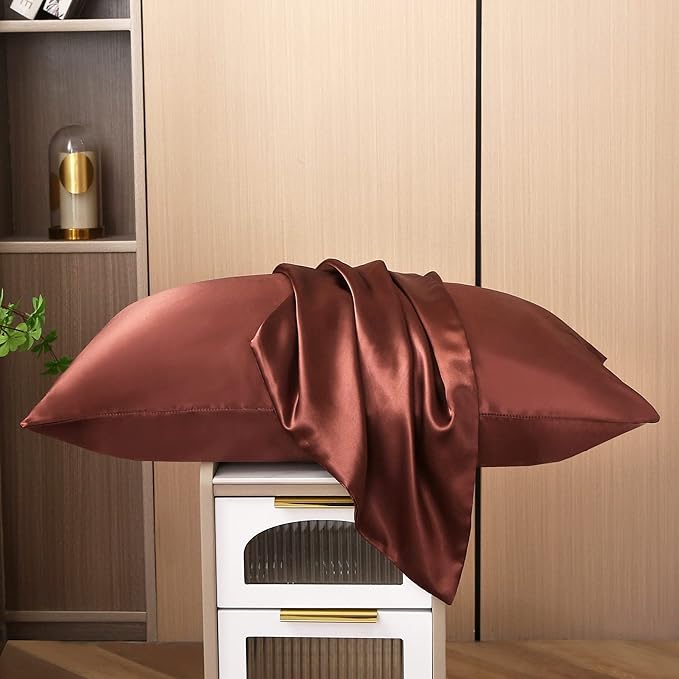 Tyfitb Satin Pillowcase for Hair and Skin, Coffee Pillowcases Set of 2, Cooling Pillow Cases Standard Size(20×26 Inches), Soft Luxury Satin Pillowcase with Envelope Closure