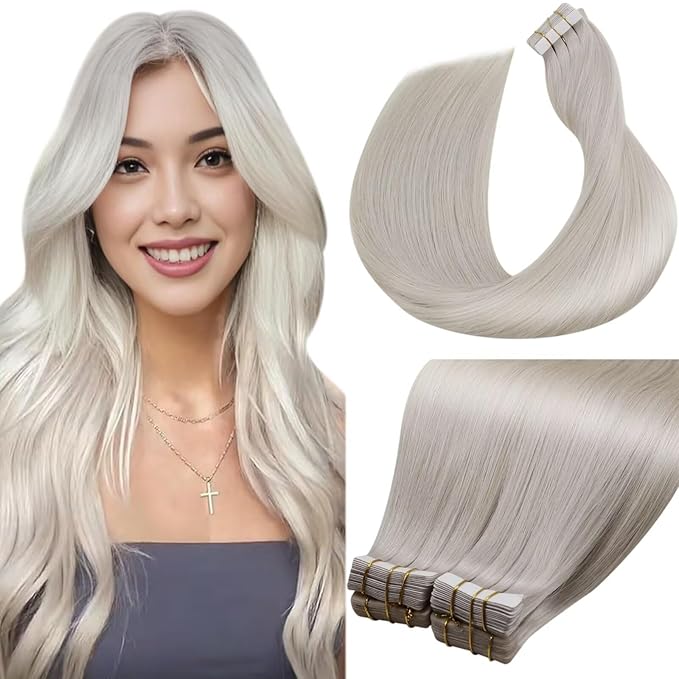 LaaVoo Tape in Hair Extensions Blonde Human Hair Tape in Extensions 14 Inch #60 Platinum Blonde 40pcs 100g