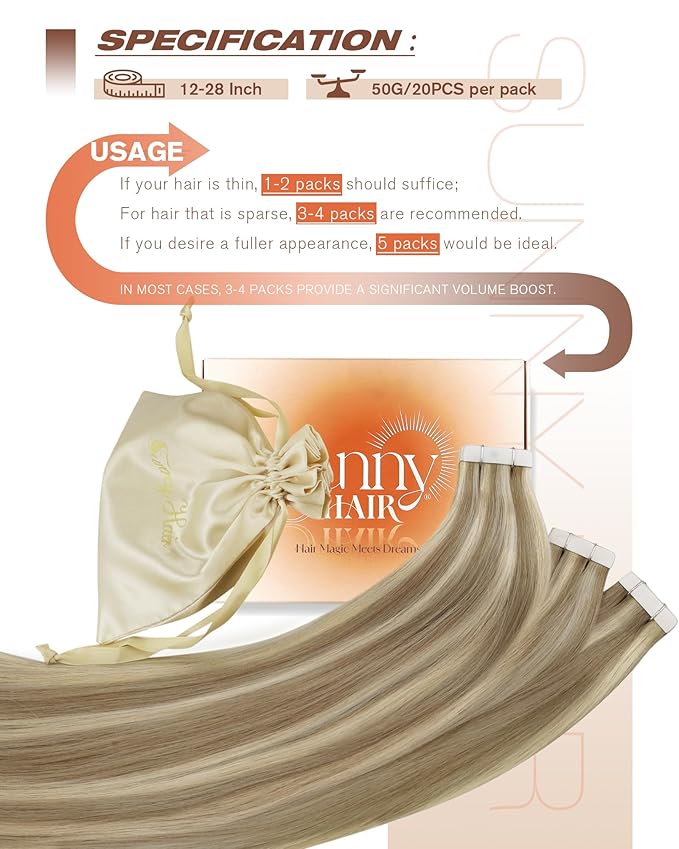 Sunny Hair Tape in Hair Extensions Human Hair, Blonde Hair Extensions Tape in Highlight Blonde Human Hair Tape in Extensions 16 inch 50G