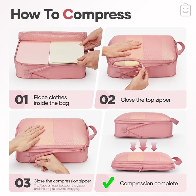 Veken 9/11 Set Compression Packing Cubes for Travel Essentials,Compressible Expandable Large Luggage Suitcase Organizer Bags for Clothing,Durable Space Saver Storage Bags with Toiletry Bags(Pink)