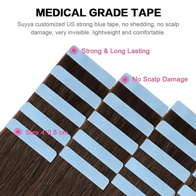 SUYYA Tape in Hair Extensions Chocolate Brown 100% Remy Human Hair 20 inches 20pcs 50g/pack Straight Seamless Skin Weft Tape Hair Extensions(20Inch #4 Dark Brown)