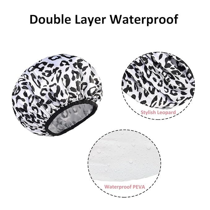 2-Pack Reusable Waterproof Shower Caps for Women, Double-Layer Elastic Bath hat,Extra Large Hair Cap for Long Curly Hair（White, Pink）