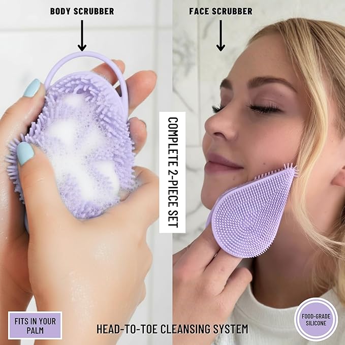 Body Face Scrubber Set Silicone - 2 Pack Shower Brush Facial Cleansing Kit - Avilana Bath Loofah Alternative Complete Skincare System Dual Sided - Gift Set Women Men