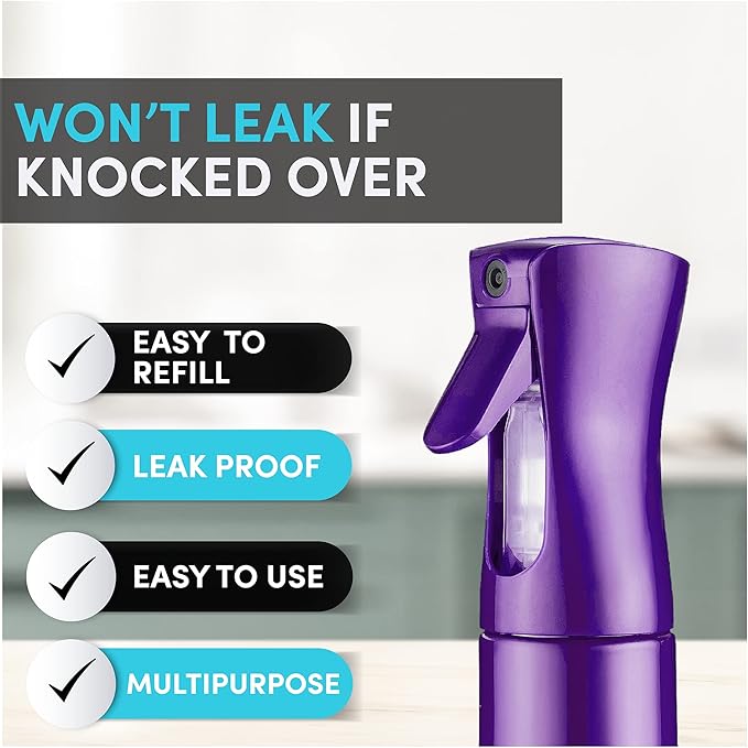 Hula Home Continuous Spray Bottle for Hair (10.1oz/300ml) Empty Ultra Fine Plastic Water Mist Sprayer – For Hairstyling, Cleaning, Salons, Plants, Essential Oil Scents & More - Purple