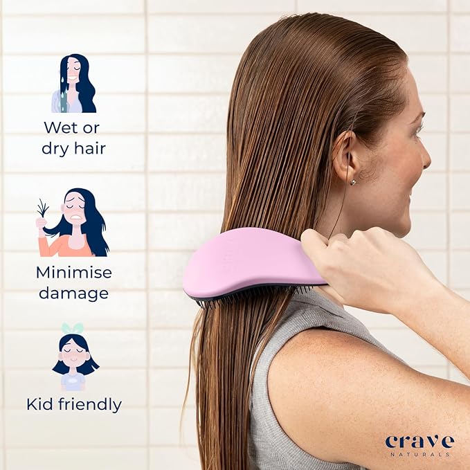 Crave Naturals Glide Thru Detangling Brush For Natural, Curly, Straight, Wet or Dry Hair - Gentle Detangler Brush Styling Tool for Adults, Kids, Toddlers and Little Girls - 7.5 x 3 in, Pink