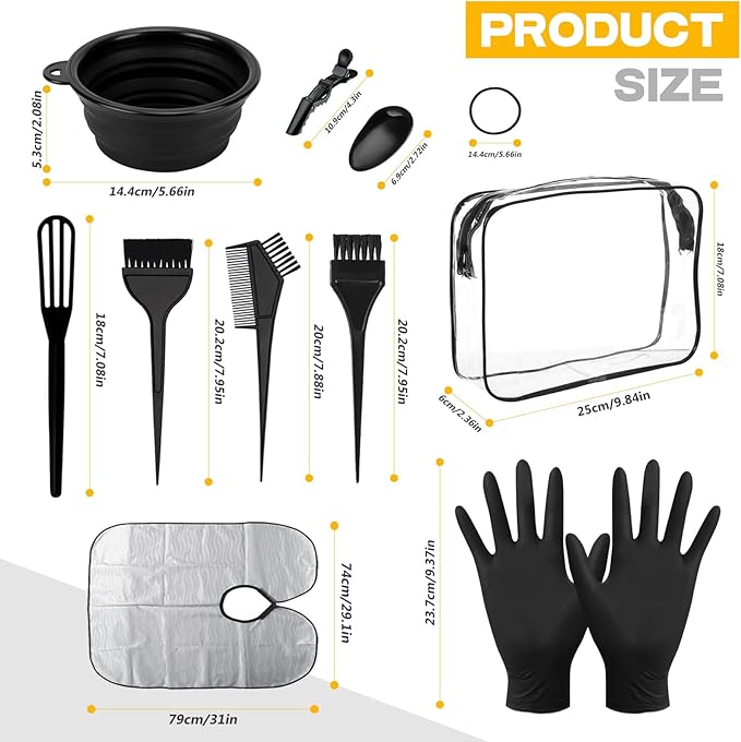 26PCS Hair Dye Coloring Kit, Professional Hair Bleach Kit, Hair Coloring Products, Gloves, Storage Bag, Rubber Band, Shawl, Clips, Brush, Bowl, Ear Cap, Mixing Spoon, Black