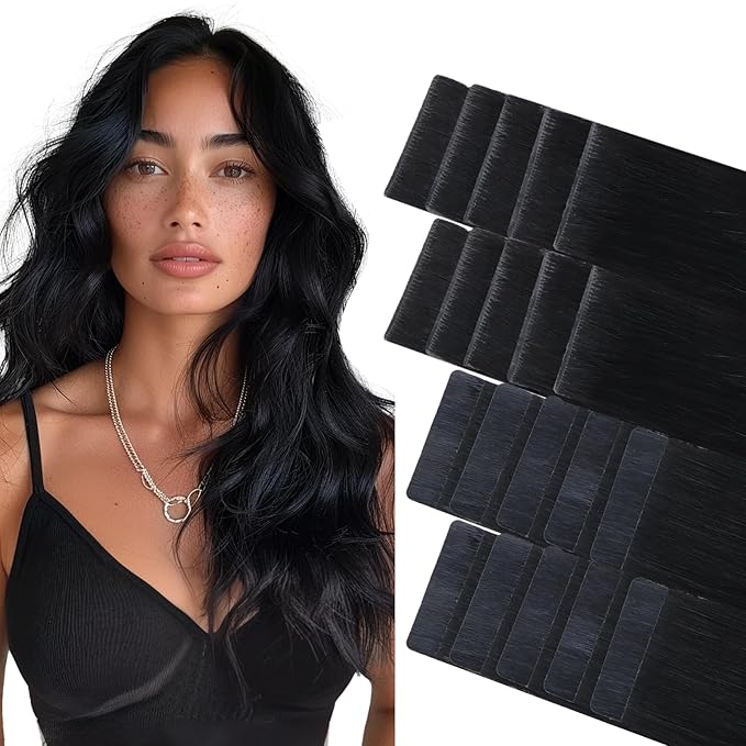 GOO GOO Invisi Edge Tape in Hair Extensions Human Hair, 1 Jet black 10pcs injected with 10pcs classical tape ins, 22inch 50g, Virgin Remy Hair, Natural Look