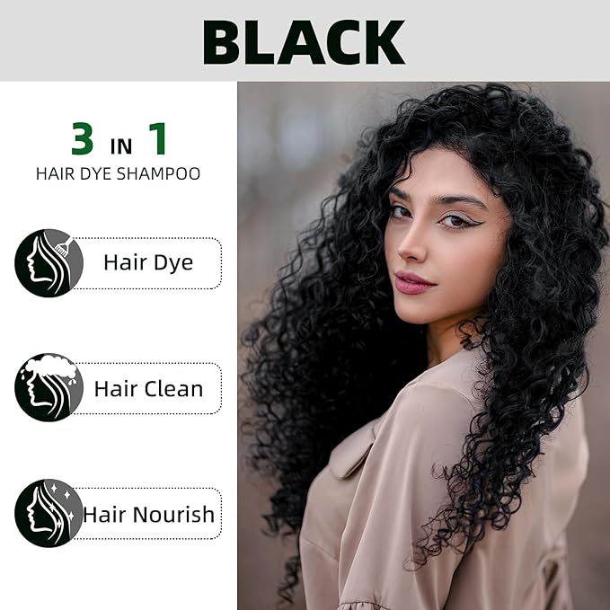 Black Hair Dye Shampoo 3 in 1 for Gray Coverag Color Shampoo for Women/Men Instant Herbal Semi Permanent champu para canas