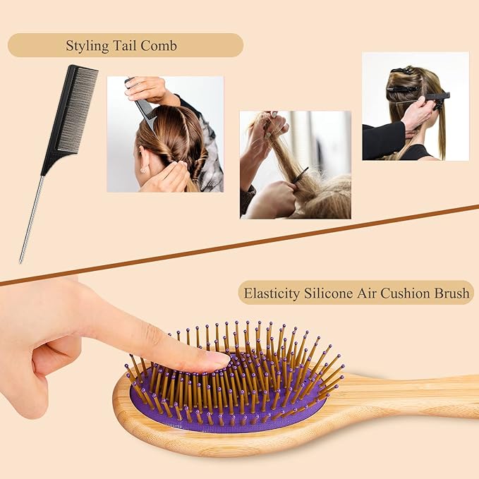 Sofmild Bamboo Wooden Paddle Hair Brush Comb Set, Hairbrushes for Women Men Kid Detangling Hair Massaging Scalp with Round Tip Bristles for All Hairstyles (Pink Wooden)