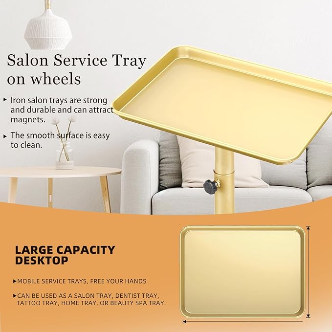 Salon Tray on Wheels Tattoo Rolling Tray Salon Service Cart Height Adjustble Hair Service Color Tray Gold