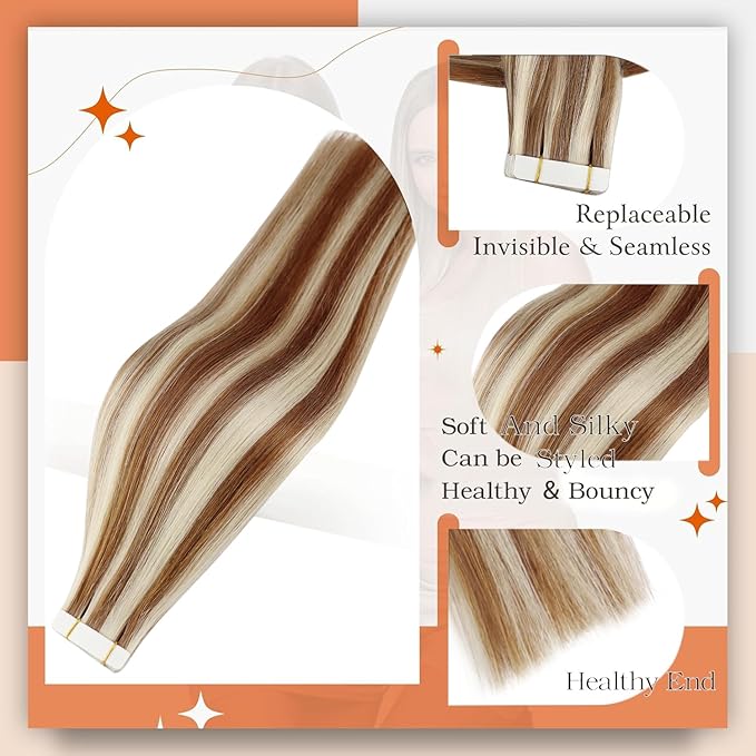 Full Shine Seamless Tape in Hair Extensions Color 330 Auburn Highlight Blonde Human Hair Extensions Tape in 18 Inch Invisible Tapes in Extensions Add Length for Women 50Gram 20Pcs Double Sided Tapes