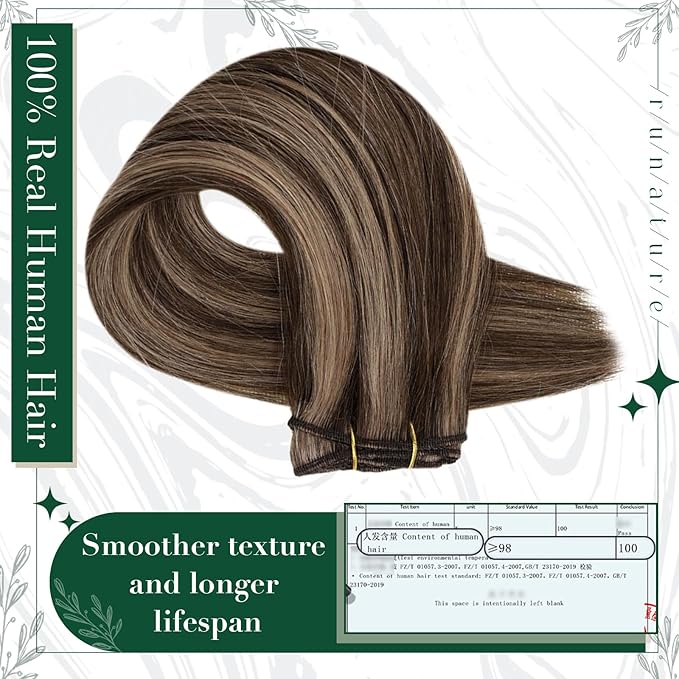 RUNATURE Real Hair Extensions Clip in Human Hair, Remy Clip in Hair Extensions Real Human Hair, Tangle-free Soft Natural Hair for Women, 12 Inch 50g 3pcs #3P12 Walnut Brown Highlight Blonde