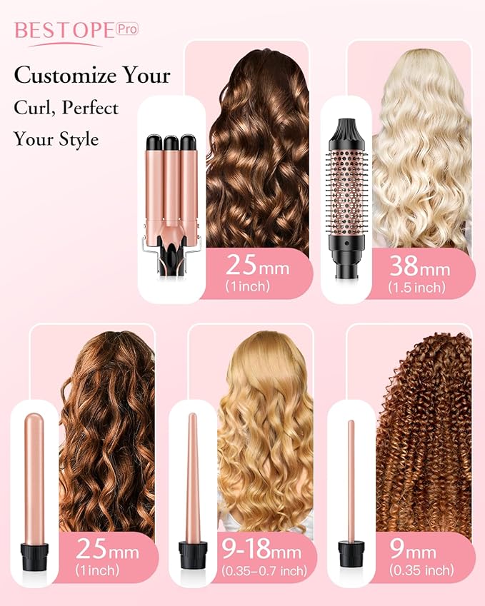 BESTOPE PRO 5 in 1 Curling Iron, Curling Wand Set with Negative Ion Thermal Brush and 4 Interchangeable Ceramic Curling Irons (0.35“-1.5”), Fast Heating Crimper Hair Tool in All Hair Type, Women Gifts