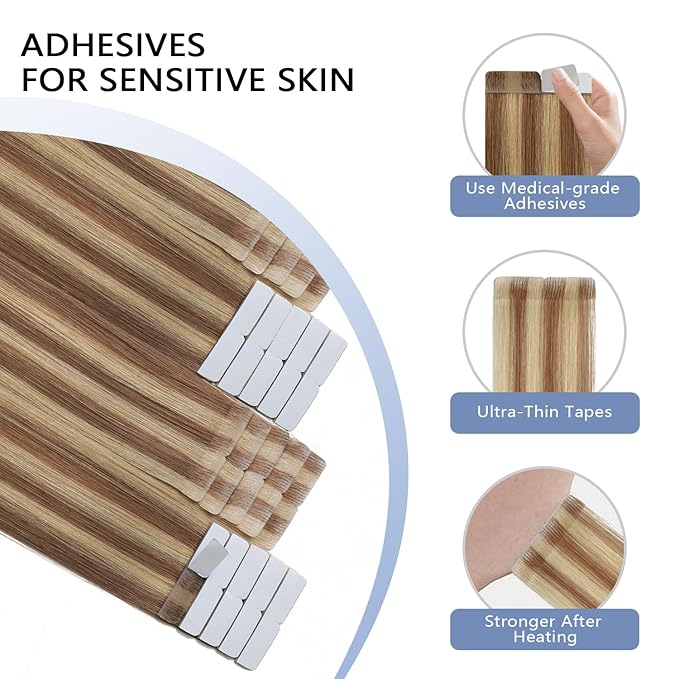 COOKAYU Invisible Tape in Hair, Gold Brown to Caramel Blonde 20pcs/pack 20Inch 45g Seamless Tape in Extensions Real Human Hair Injected Invisi Edge Extensions